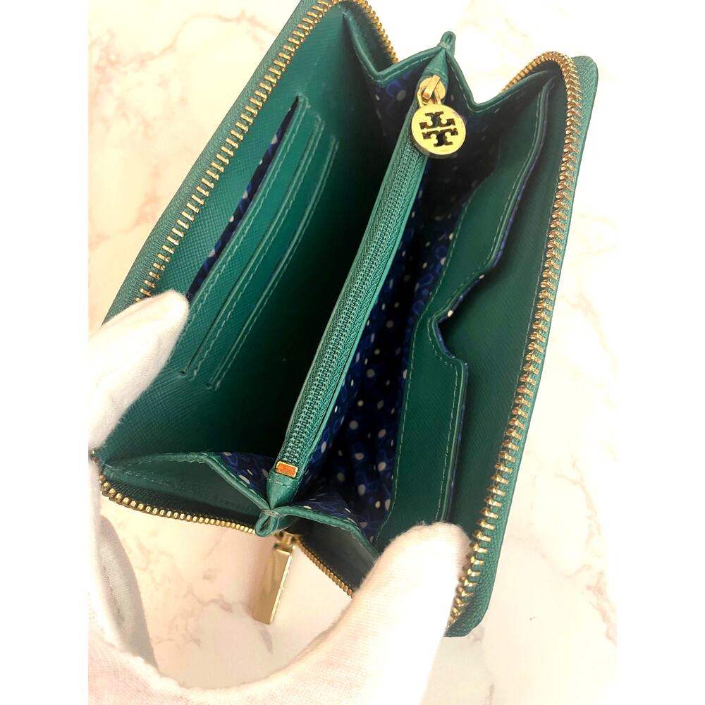 Tory Burch Zip-Around Wallet Emerald Green Saffiano Leather - Picture 5 of 6